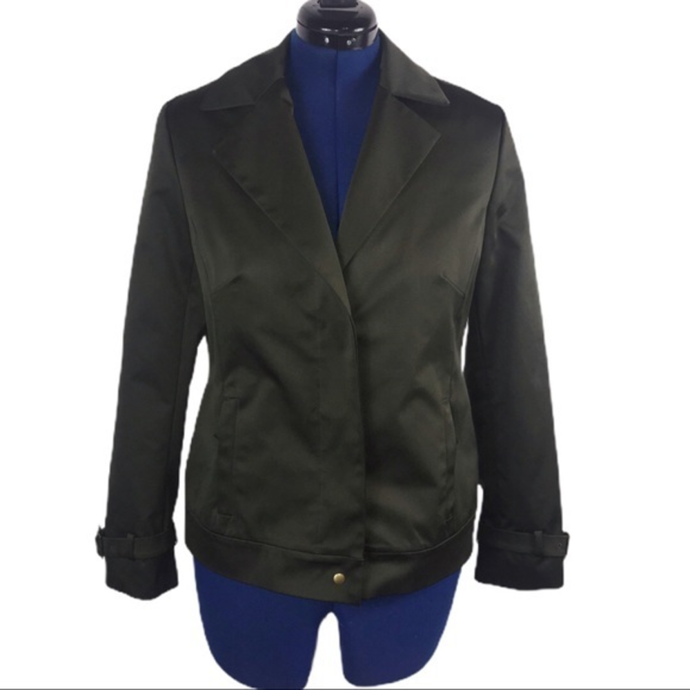 Coldwater Creek 12 green‎ satin sheen lined pocketed buckled moto jacket